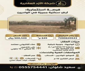 ارض للبيع  في  احد رفيدة - الواديين السحاب