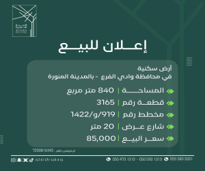 ارض للبيع  في  وادي  الفرع حي مخطط وادي  الفرع