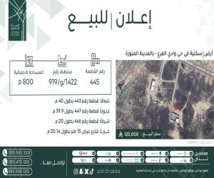 ارض للبيع  في  وادي  الفرع حي مخطط وادي  الفرع