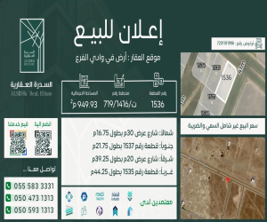 ارض للبيع  في  وادي  الفرع حي مخطط وادي  الفرع